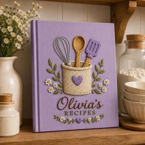 Personalized hand embroidered recipe book featuring rustic utensil holder, whisk, wooden spoon, spatula, daisies, greenery, and cottage kitchen design on linen cover.