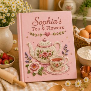 Personalized floral teapot hand embroidered recipe book with custom name and tea party design