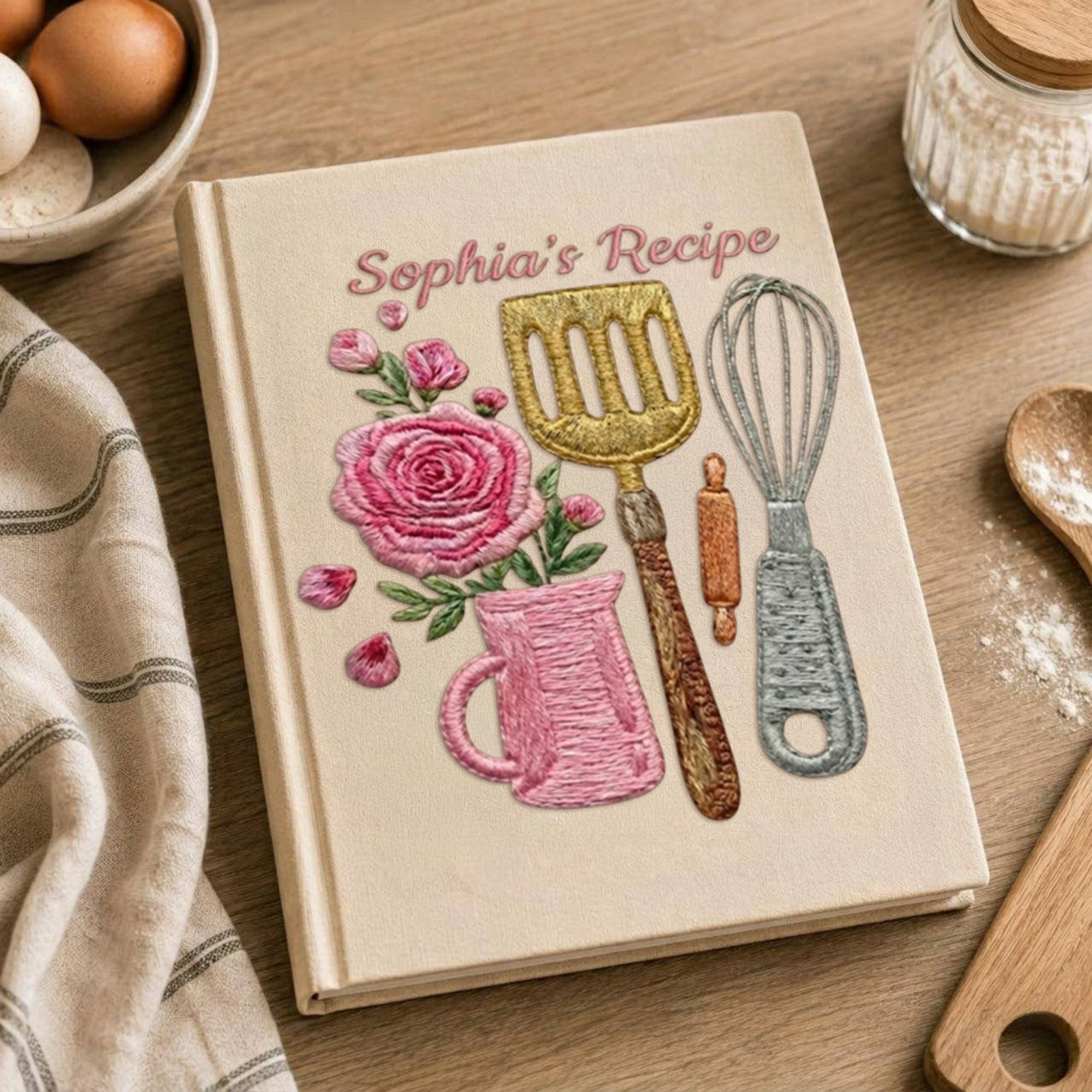 Personalized embroidered kitchen recipe notebook handmade linen floral cookbook 3