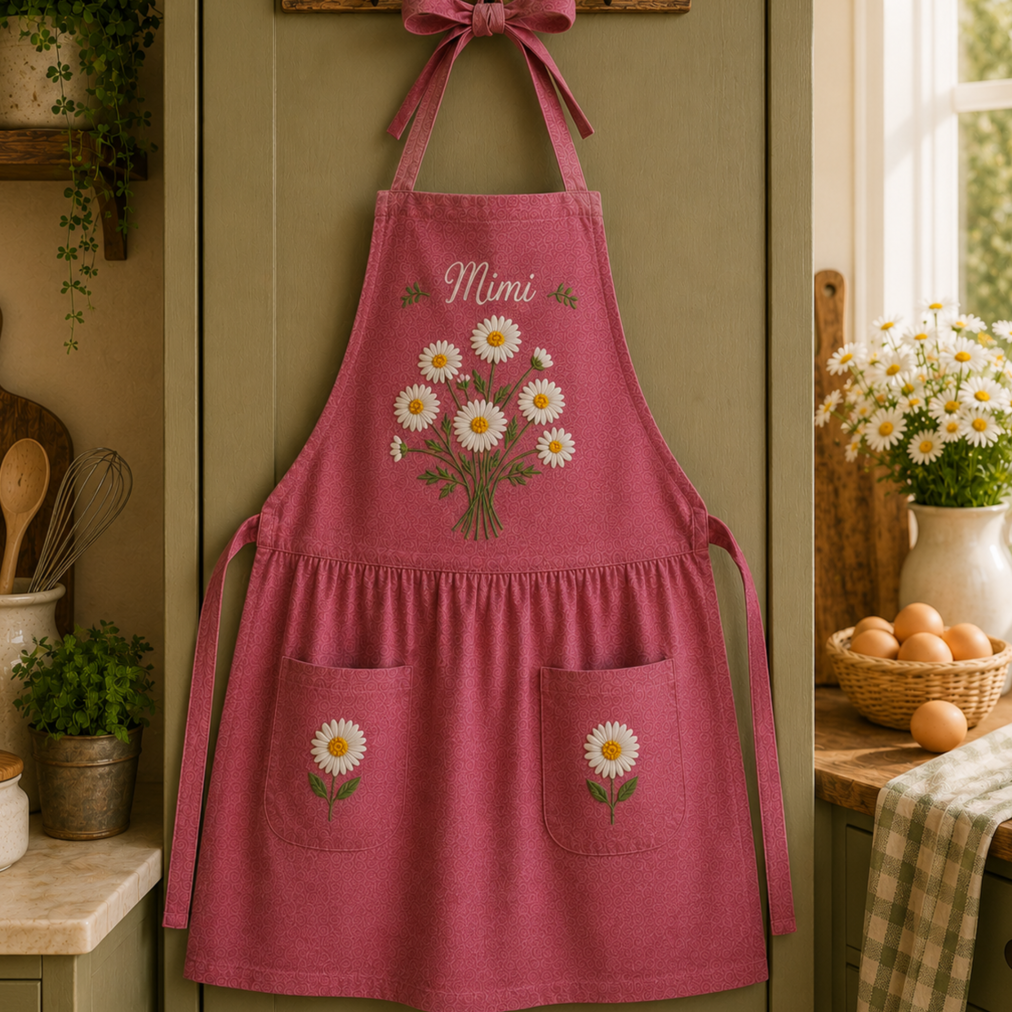 Personalized hand embroidered linen apron featuring daisy bouquet embroidery, custom name personalization, cottage garden floral design, and daisy pocket accents.