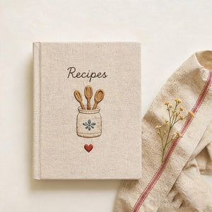 Hand embroidered recipe book featuring rustic utensil holder with wooden spoons and farmhouse kitchen embroidery on linen cover
