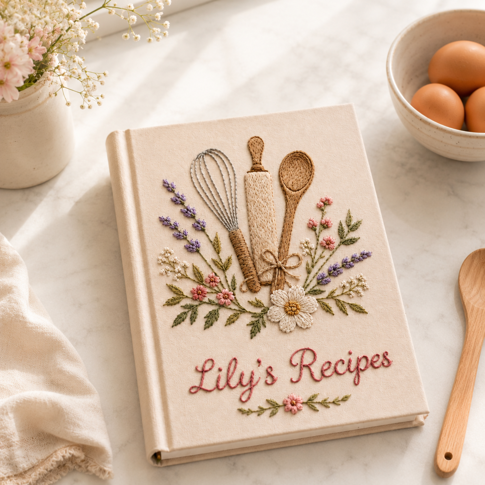Personalized hand embroidered recipe book featuring floral baking utensils embroidery on linen hardcover notebook
