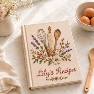 Personalized hand embroidered recipe book featuring floral baking utensils embroidery on linen hardcover notebook