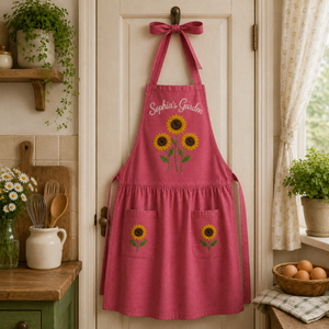 Personalized hand embroidered sunflower garden apron featuring custom garden name embroidery, floral linen cooking apron for women, gardening apron, florist gift, farmhouse kitchen apron.