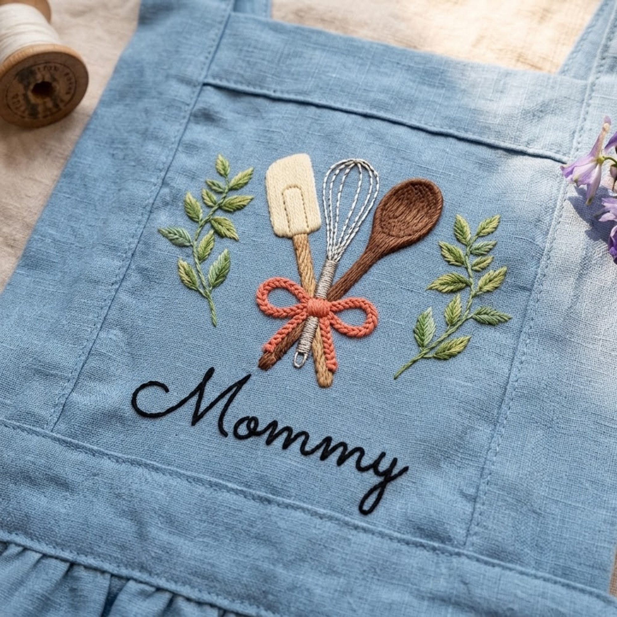 Personalized hand embroidered linen apron featuring baking tools embroidery with custom name, designed for kids who love baking, cooking, and creative kitchen activities.