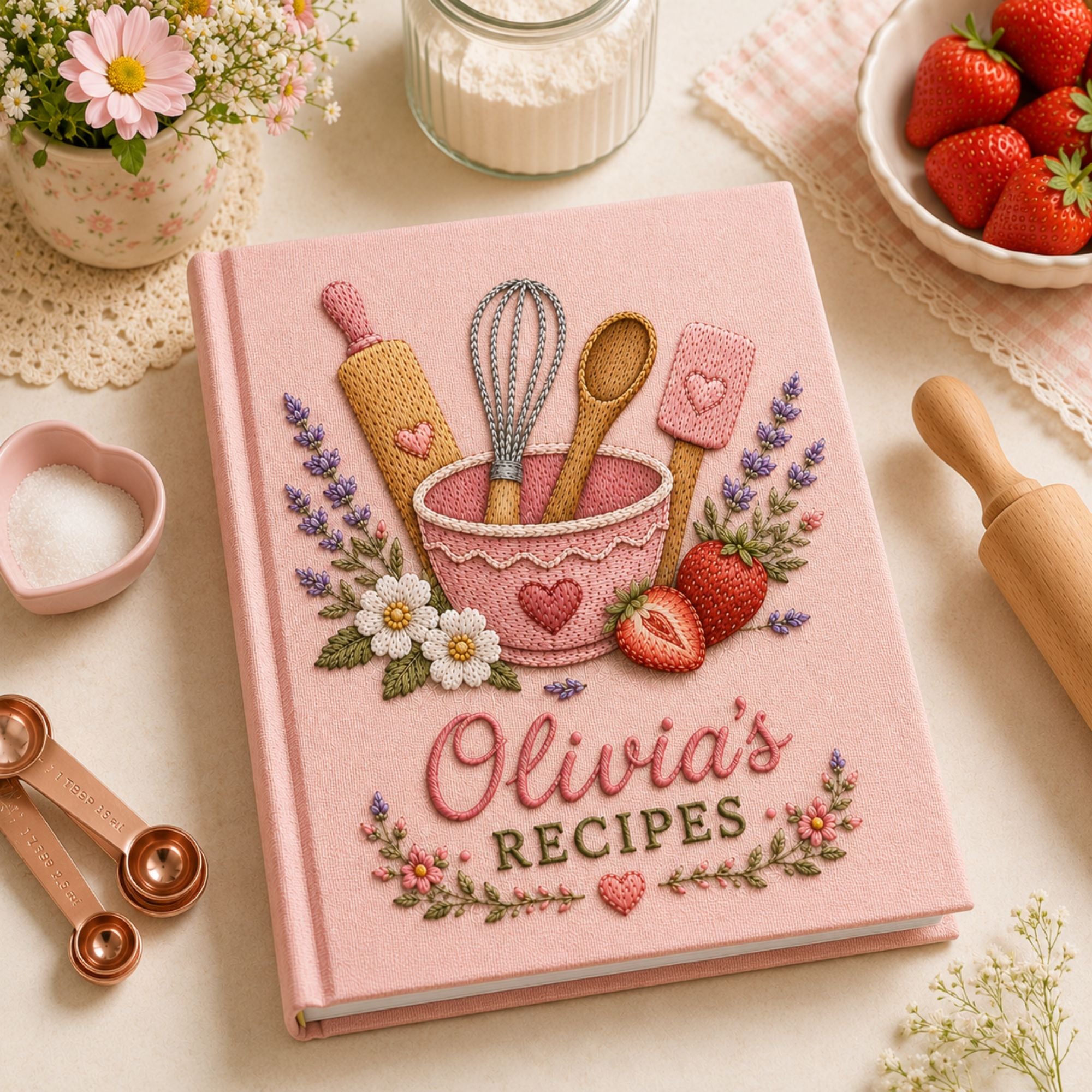 Personalized baking tools hand embroidered recipe book with whisk rolling pin spoon and strawberries