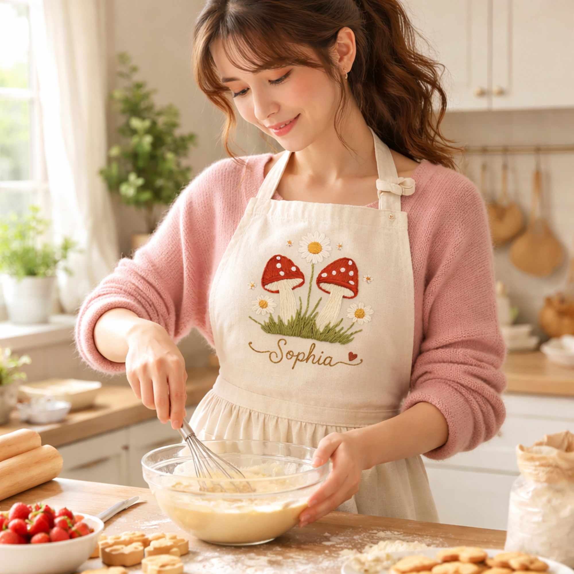 Personalized hand embroidered apron featuring red toadstool mushrooms, daisy flowers, meadow grass, and custom name embroidery on natural linen fabric.