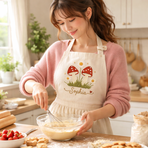 Personalized hand embroidered apron featuring red toadstool mushrooms, daisy flowers, meadow grass, and custom name embroidery on natural linen fabric.