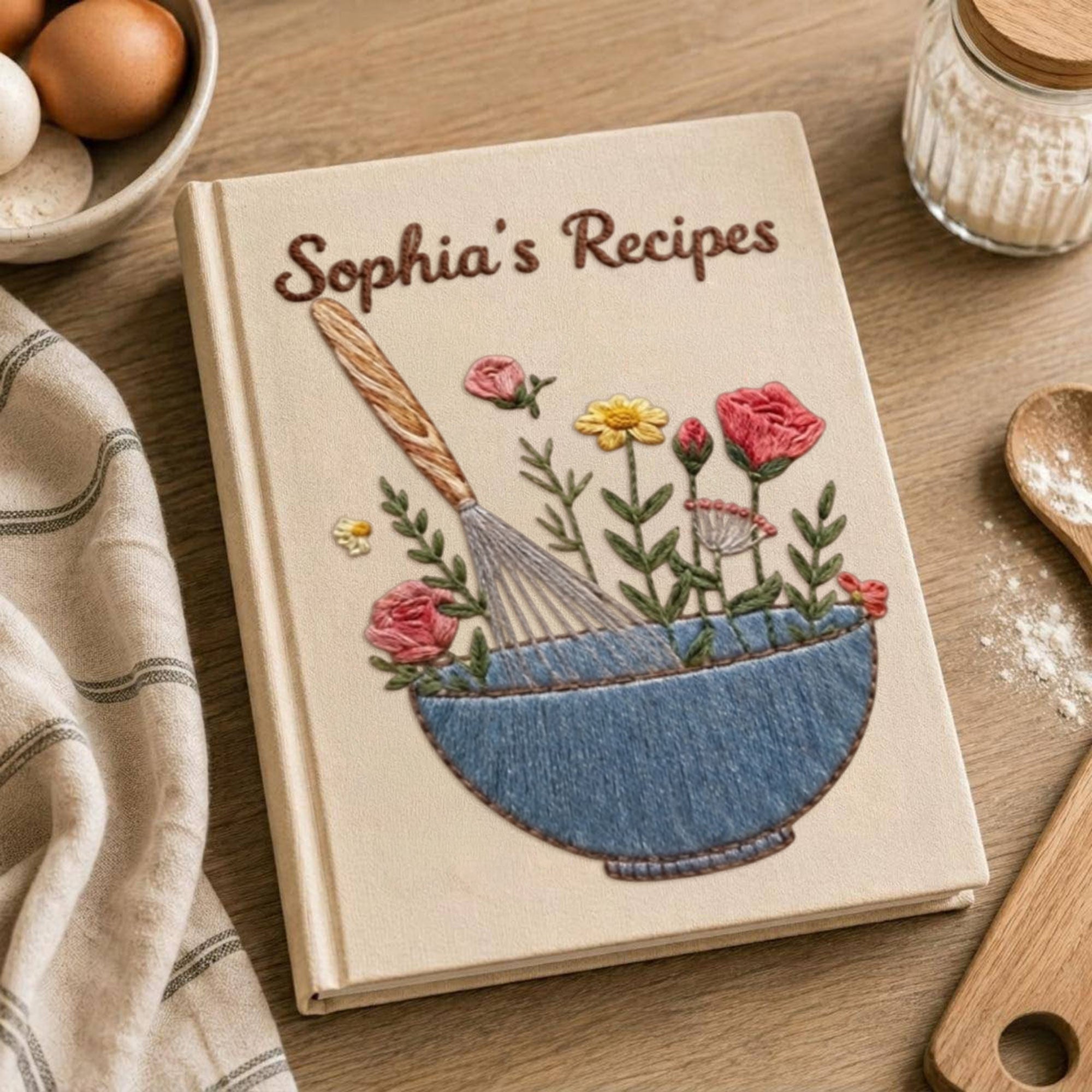 Personalized embroidered floral recipe journal handmade linen cookbook with blue mixing bowl 2