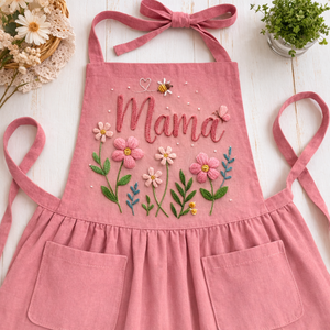 Personalized hand embroidered apron featuring bees, wildflowers, daisy flowers, and custom name embroidery on pink linen fabric.