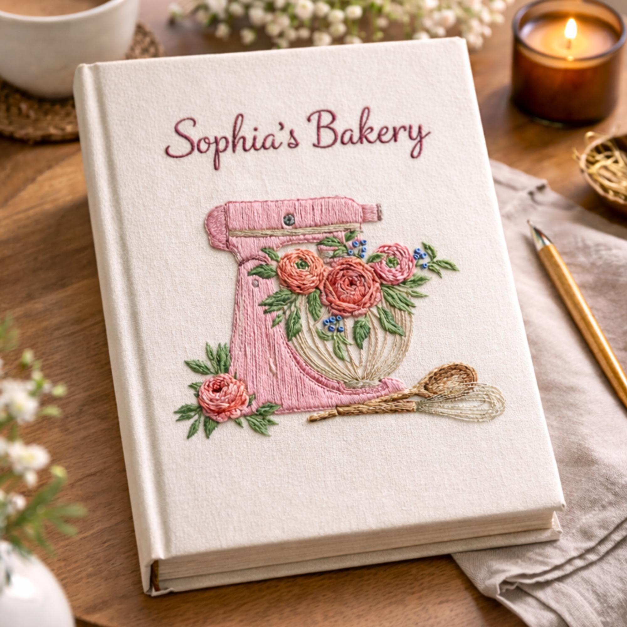 Personalized hand embroidered recipe book featuring a vintage red stand mixer decorated with blooming roses and floral accents on a linen cover.