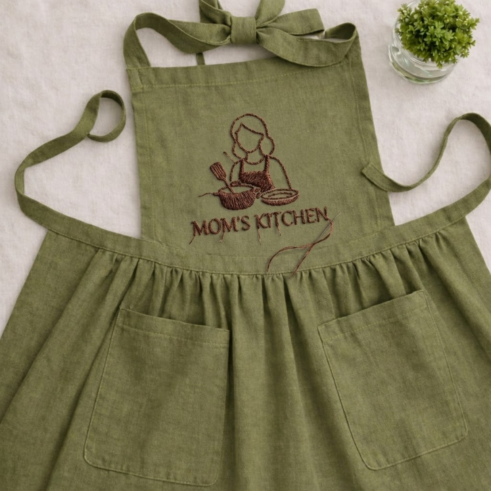 Personalized Mom's Kitchen hand embroidered linen apron featuring kitchen-inspired embroidery design, cooking apron for women, baking apron, farmhouse kitchen gift.