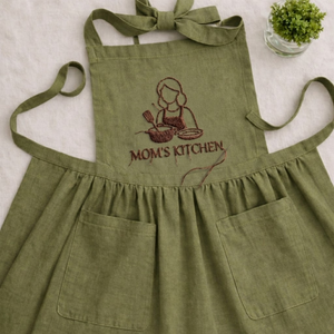 Personalized Mom's Kitchen hand embroidered linen apron featuring kitchen-inspired embroidery design, cooking apron for women, baking apron, farmhouse kitchen gift.