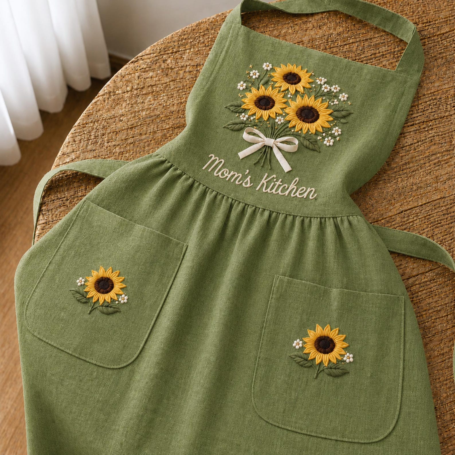 Personalized hand embroidered linen apron featuring a sunflower bouquet, white floral accents, ribbon detail, and custom name embroidery.