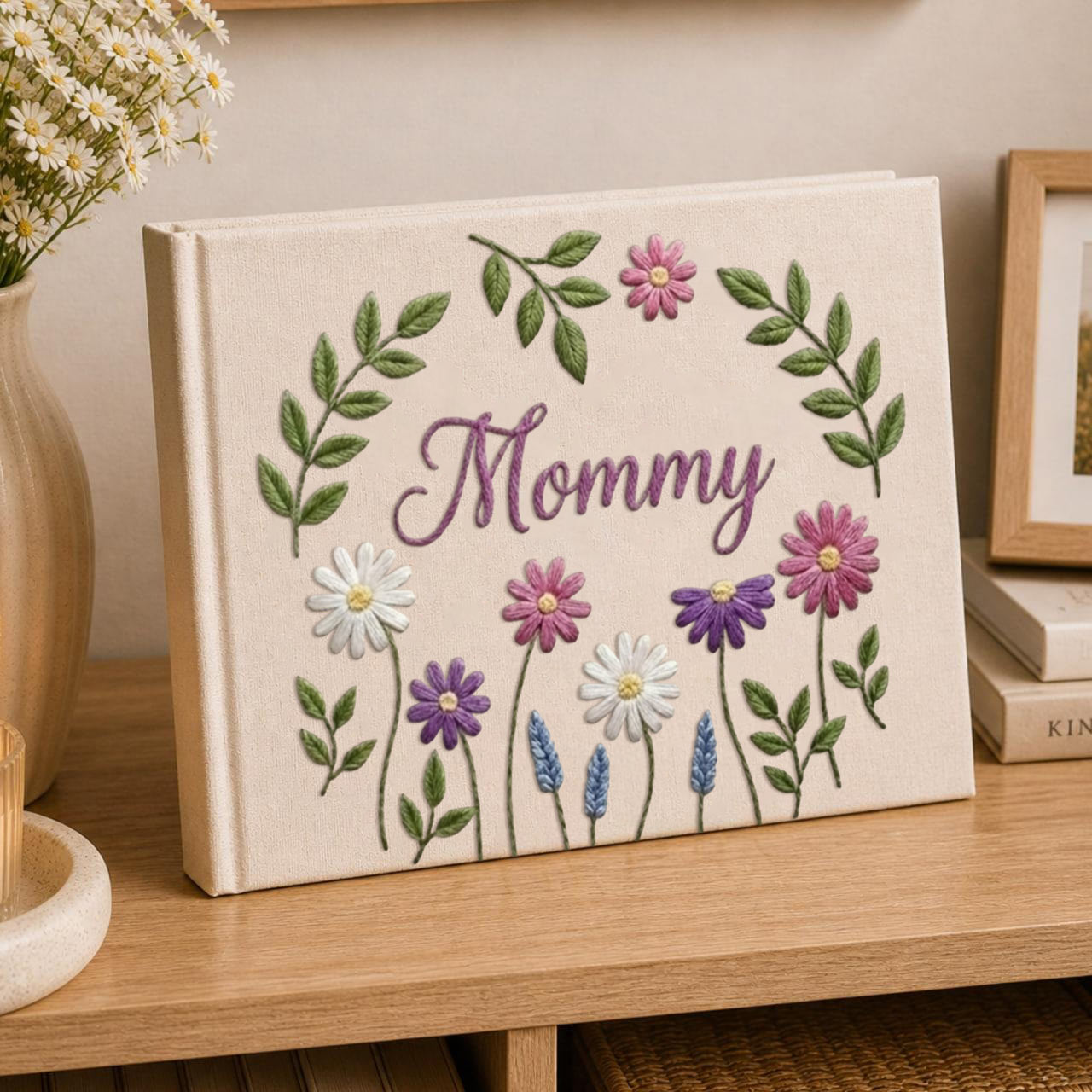 Personalized floral wreath hand embroidered linen notebook with botanical flowers and custom name