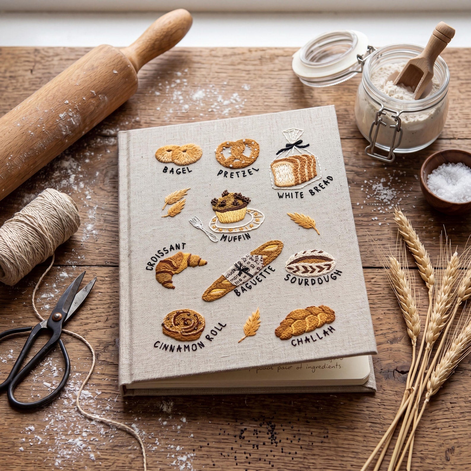 Hand embroidered recipe book featuring artisan breads including bagels, pretzels, croissants, baguettes, sourdough, muffins and cinnamon rolls.