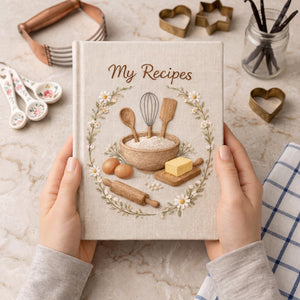 Hand embroidered recipe book featuring mixing bowl flour eggs butter rolling pin whisk and daisy floral wreath on linen cover