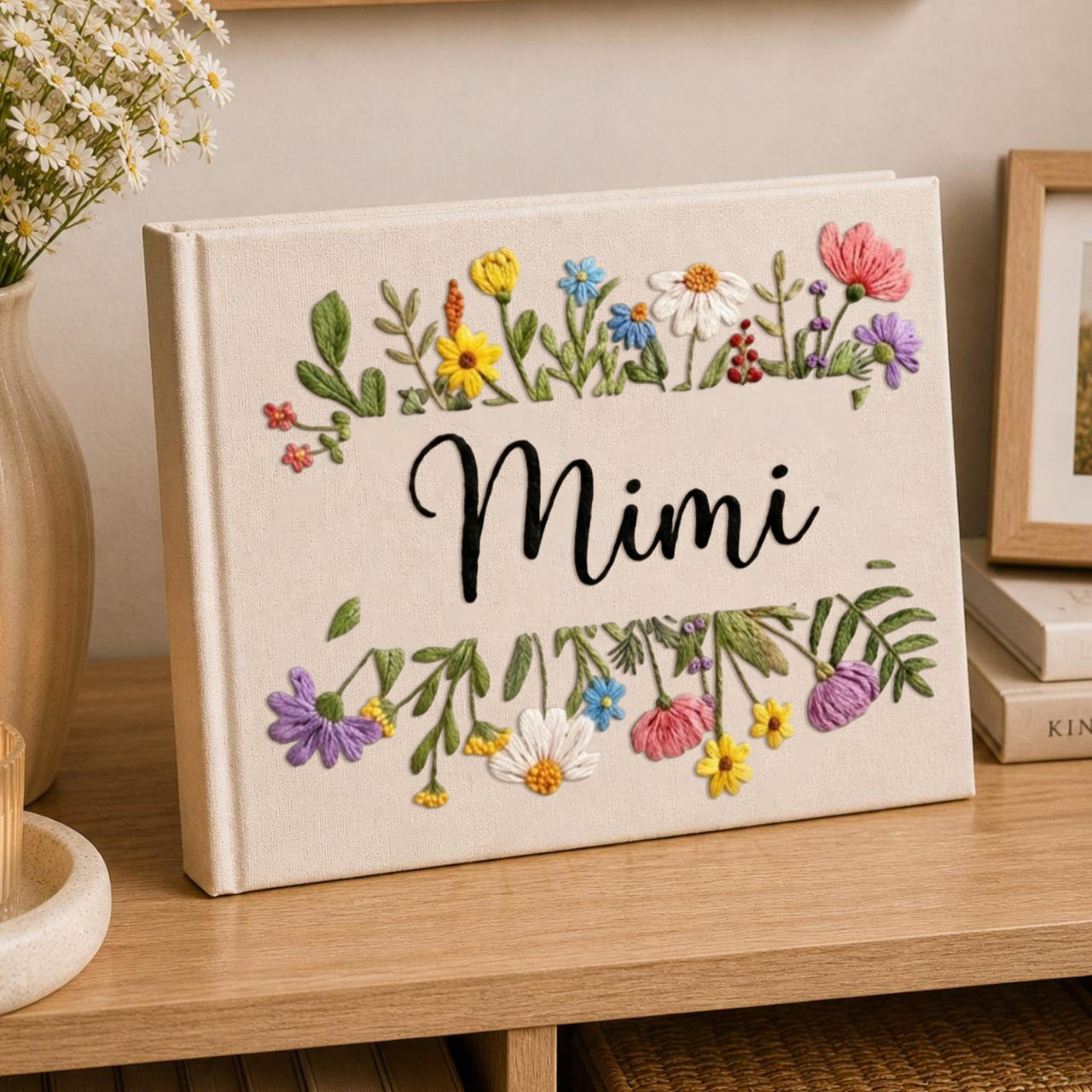 Personalized wildflower frame hand embroidered linen notebook with colorful floral border and custom name