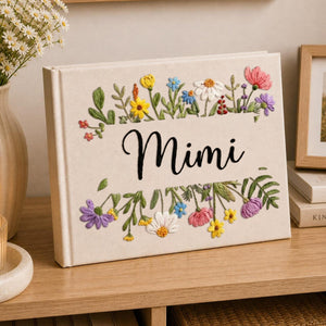 Personalized wildflower frame hand embroidered linen notebook with colorful floral border and custom name