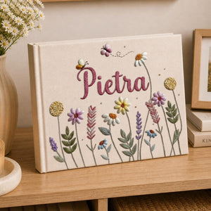 Personalized wildflower meadow hand embroidered linen notebook with botanical flowers and custom name