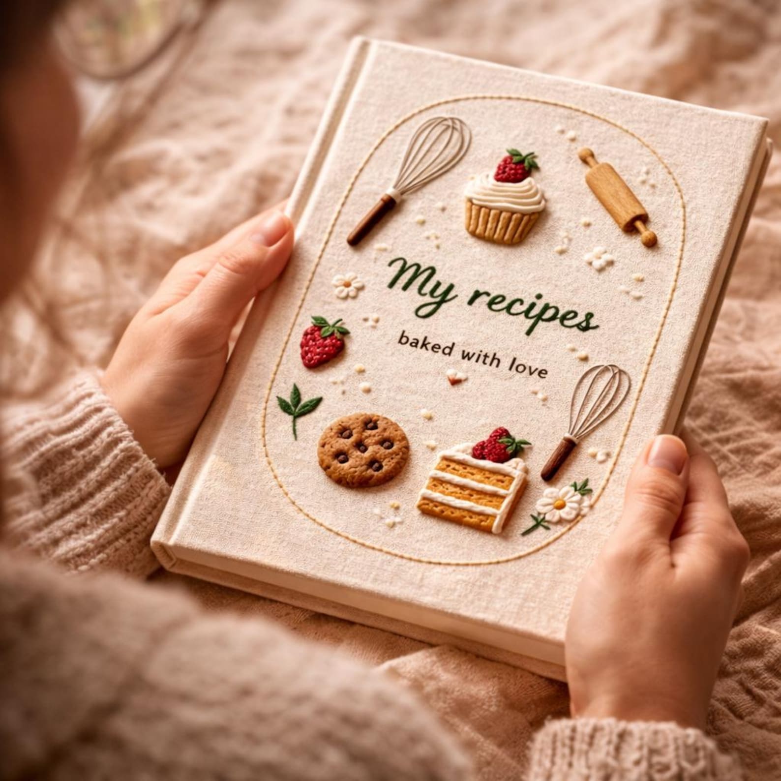 Hand embroidered recipe book featuring strawberries, cupcakes, cakes, cookies, whisks and baking tools on a linen cover.