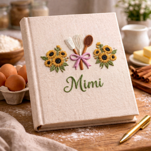 Personalized hand embroidered recipe book featuring a whisk, spatula, wooden spoon tied with a pink ribbon and surrounded by white daisies on a linen cover.