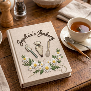 Personalized embroidered baking journal handmade linen recipe notebook with daisy flowers 1