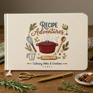 Hand embroidered recipe book featuring Dutch oven, whisk, measuring cup, rolling pin, wooden spoon, herbs, and culinary themed design on linen cover.