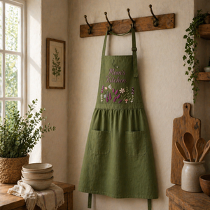 Personalized hand embroidered wildflower linen apron featuring lavender, meadow flowers and wheat botanical embroidery, custom kitchen apron for cooking baking gardening and floral gifts.