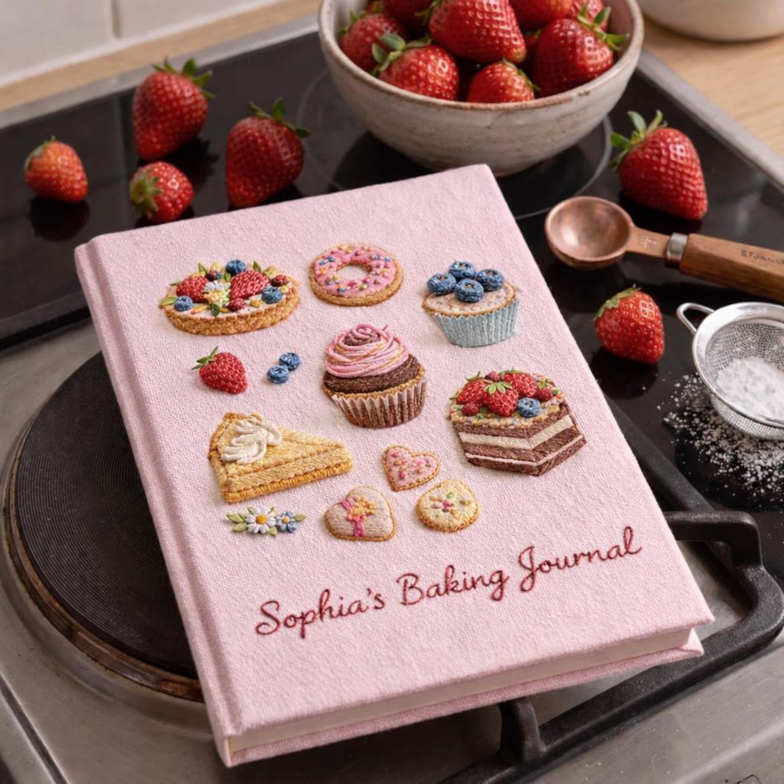 Personalized hand embroidered baking journal featuring cupcakes, donuts, fruit tarts, cakes, cookies and dessert themed illustrations on linen recipe book cover.