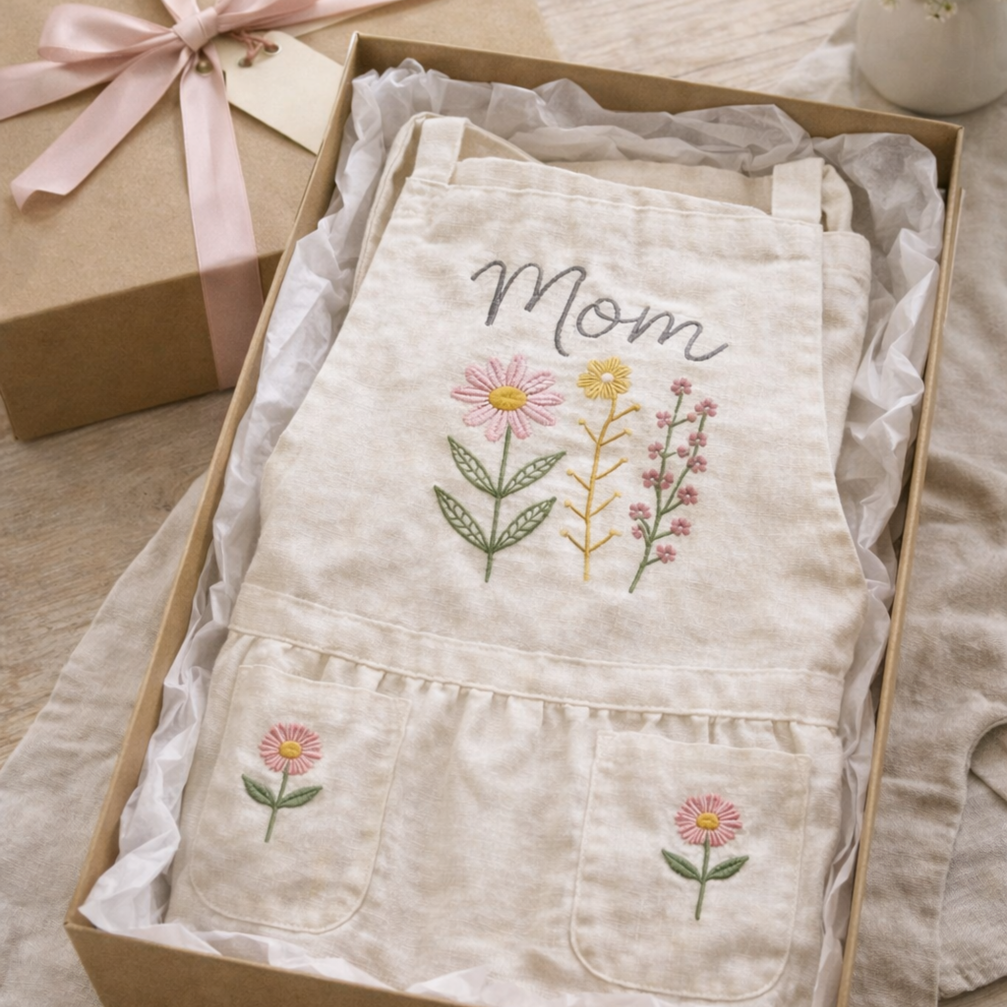 Personalized hand embroidered linen apron featuring pink wildflowers, botanical floral bouquet embroidery, custom name personalization, and floral pocket details.
