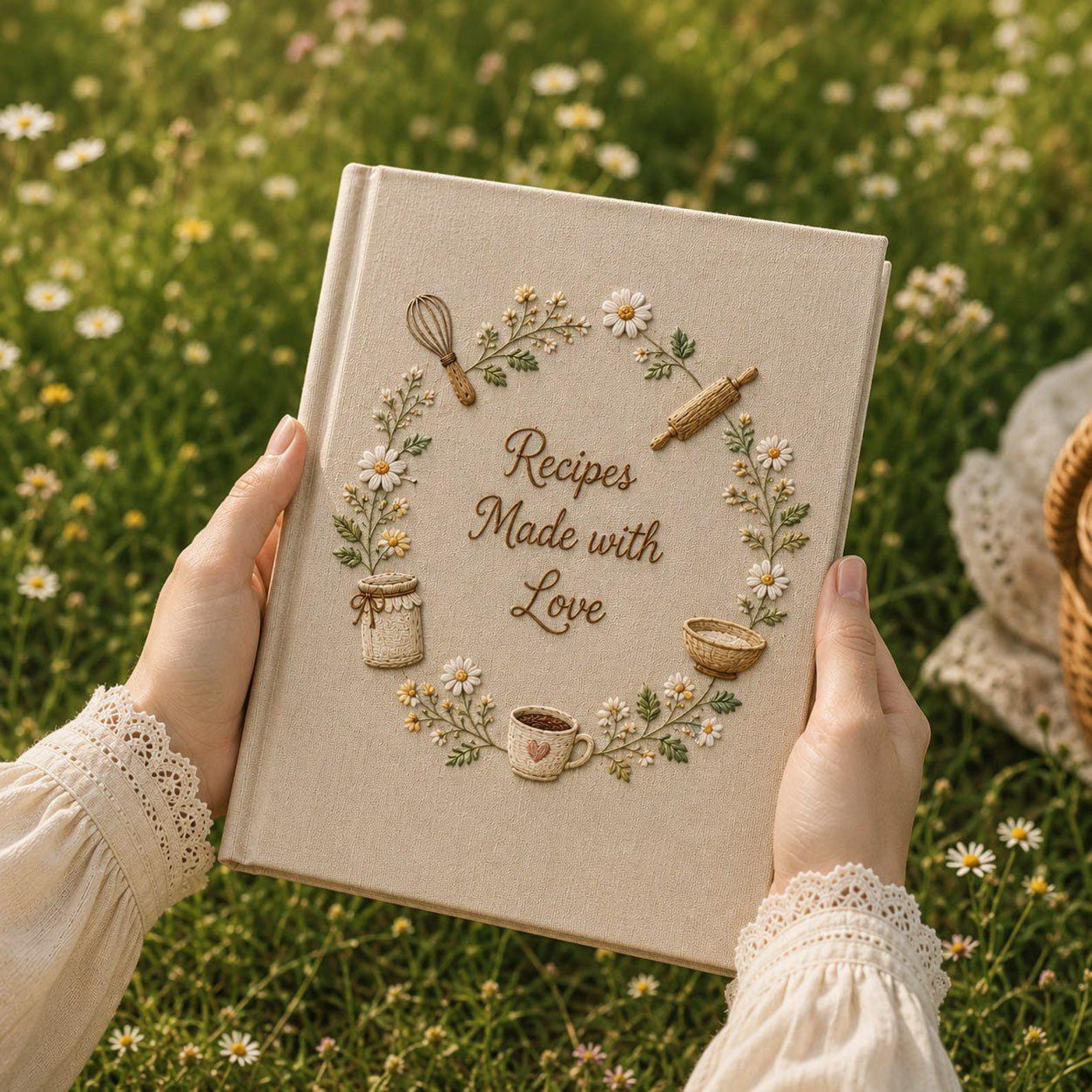 Hand embroidered recipe book featuring floral wreath baking utensils and cottagecore kitchen motifs on linen hardcover cover