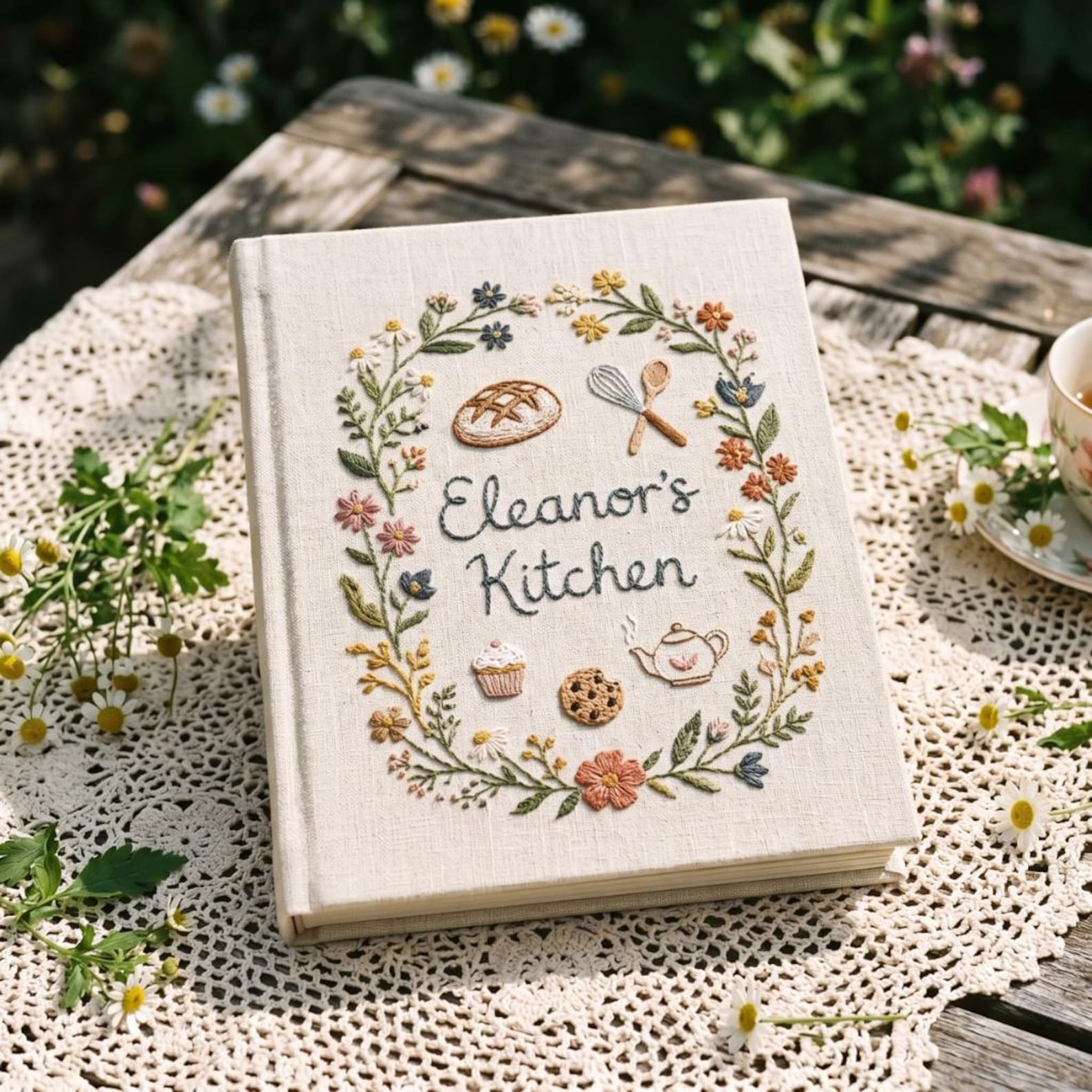 Personalized cottage kitchen hand embroidered recipe book featuring floral wreaths baking tools teapot bread cupcake and botanical embroidery