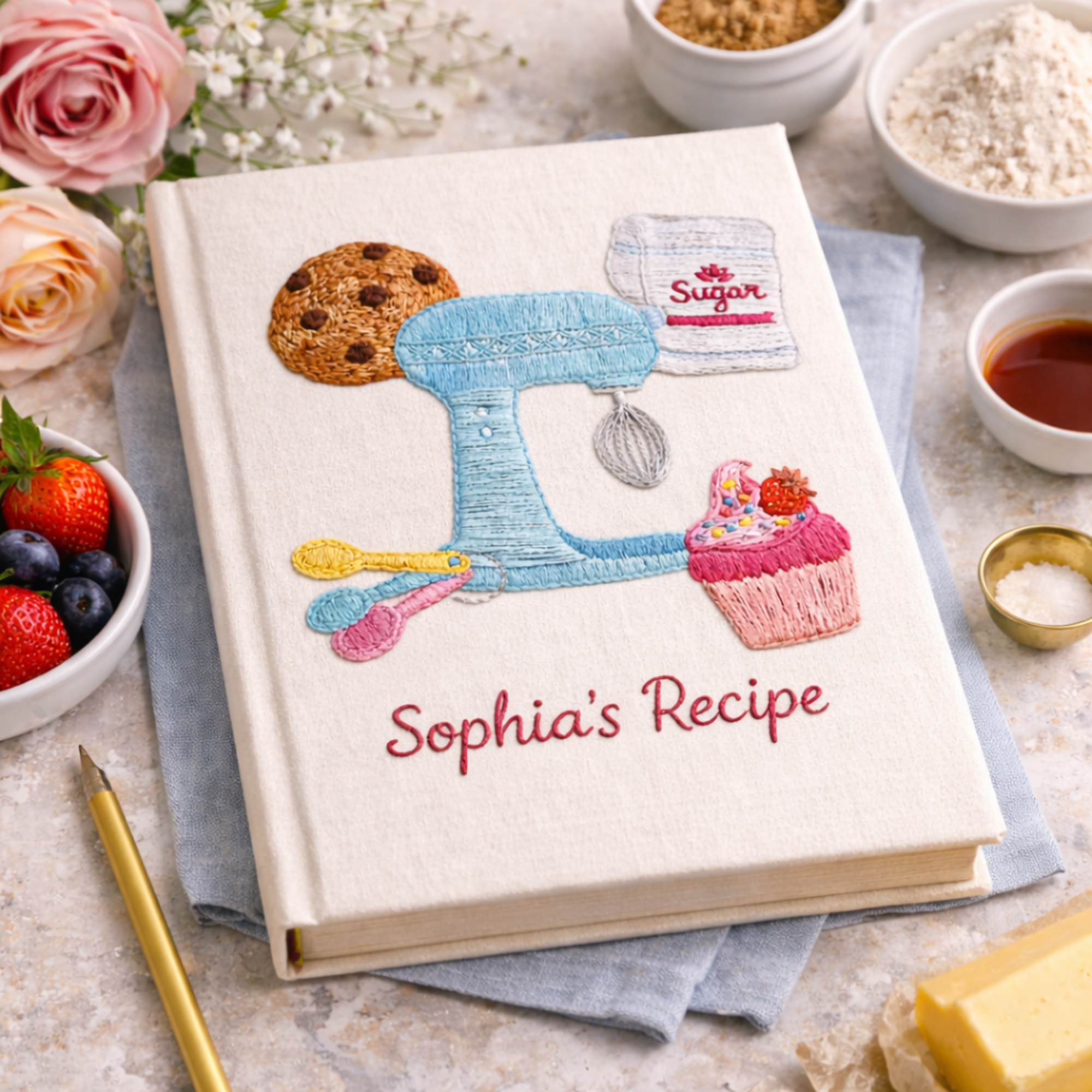 Personalized hand embroidered recipe book featuring a vintage stand mixer, cupcake, cookie, sugar bag and baking utensils on a linen cover.