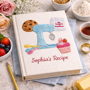 Personalized hand embroidered recipe book featuring a vintage stand mixer, cupcake, cookie, sugar bag and baking utensils on a linen cover.