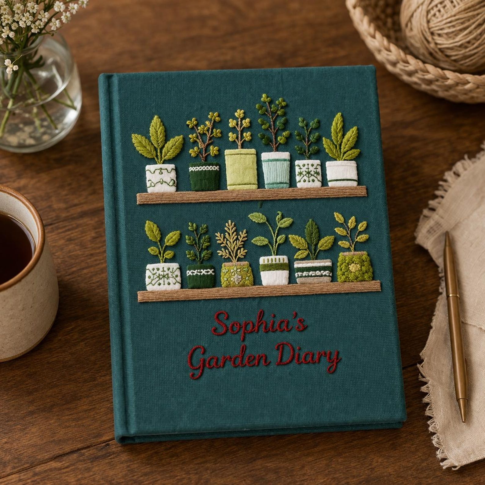 Personalized hand embroidered garden journal featuring decorative potted plants, botanical shelves, indoor greenery and houseplant themed embroidery on linen cover.