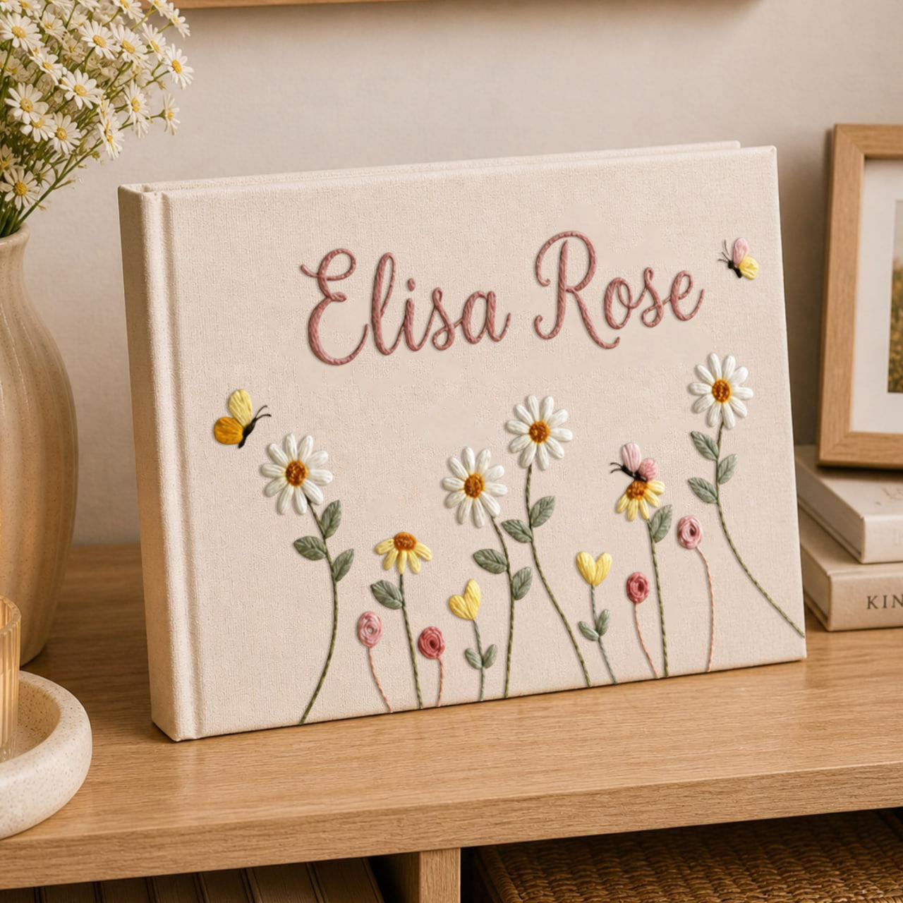 Personalized daisy butterfly hand embroidered linen notebook with custom name floral journal gift