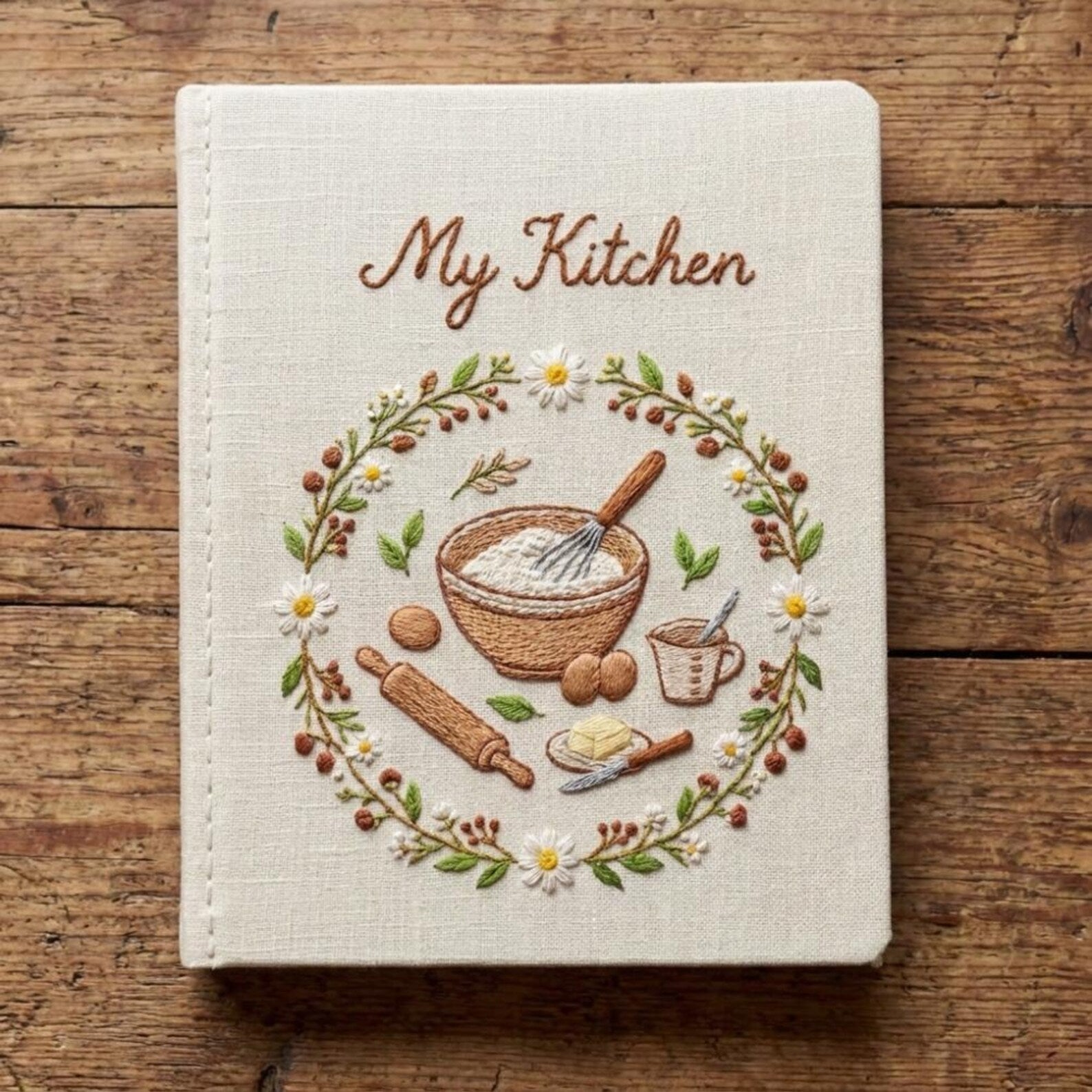 Personalized hand embroidered recipe book featuring rustic baking tools, daisy wreath, mixing bowl, rolling pin, butter dish and farmhouse kitchen design.