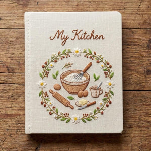 Personalized hand embroidered recipe book featuring rustic baking tools, daisy wreath, mixing bowl, rolling pin, butter dish and farmhouse kitchen design.