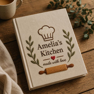 Personalized hand embroidered recipe book featuring chef hat rolling pin botanical wreath and custom kitchen text on linen cover
