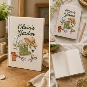 Personalized hand embroidered garden journal featuring rain boots flowers gardening tools and straw hat on linen cover