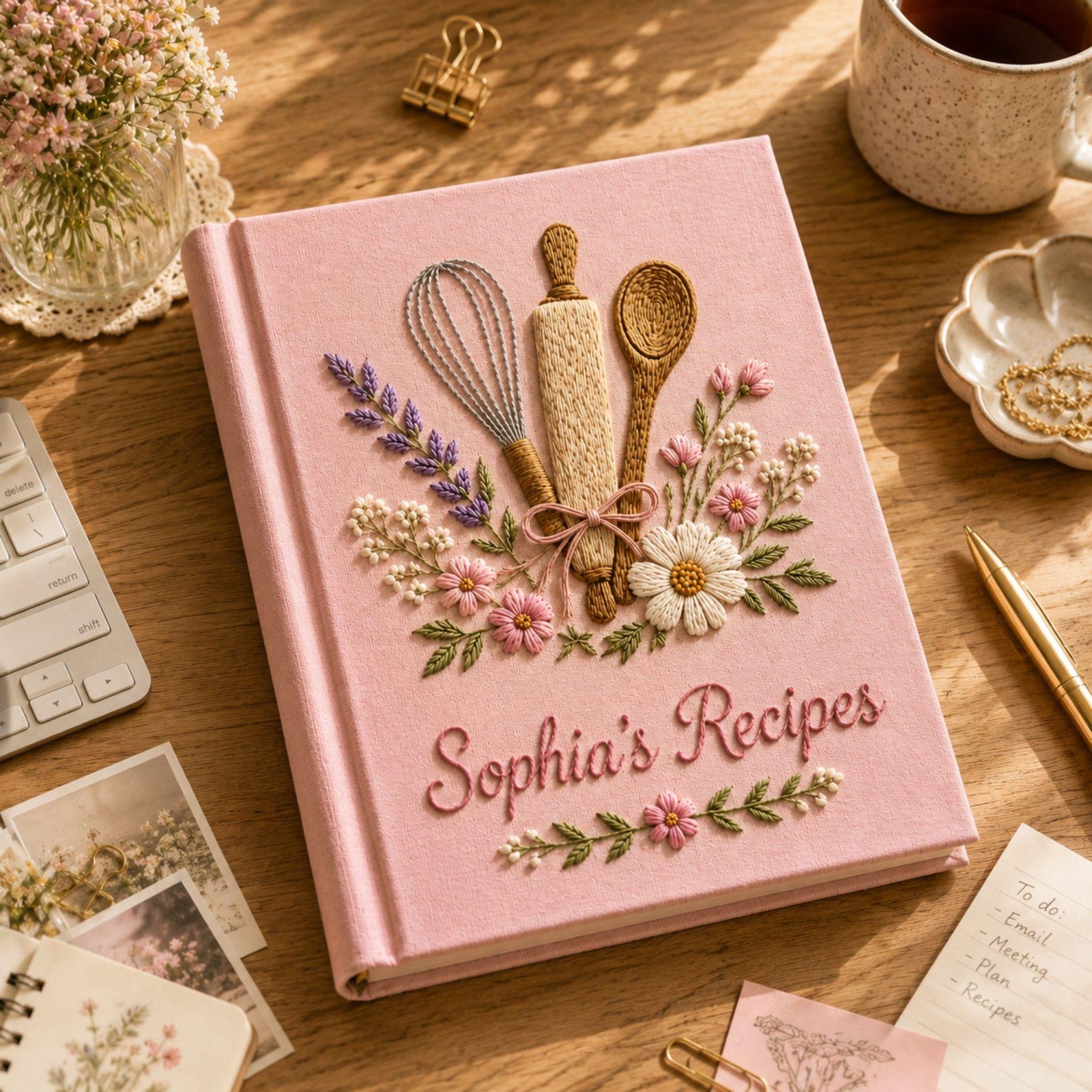 Personalized floral baking hand embroidered recipe book with whisk rolling pin wooden spoon and wildflower embroidery on linen cover