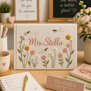 Personalized daisy bee garden hand embroidered linen notebook with floral embroidery and custom name