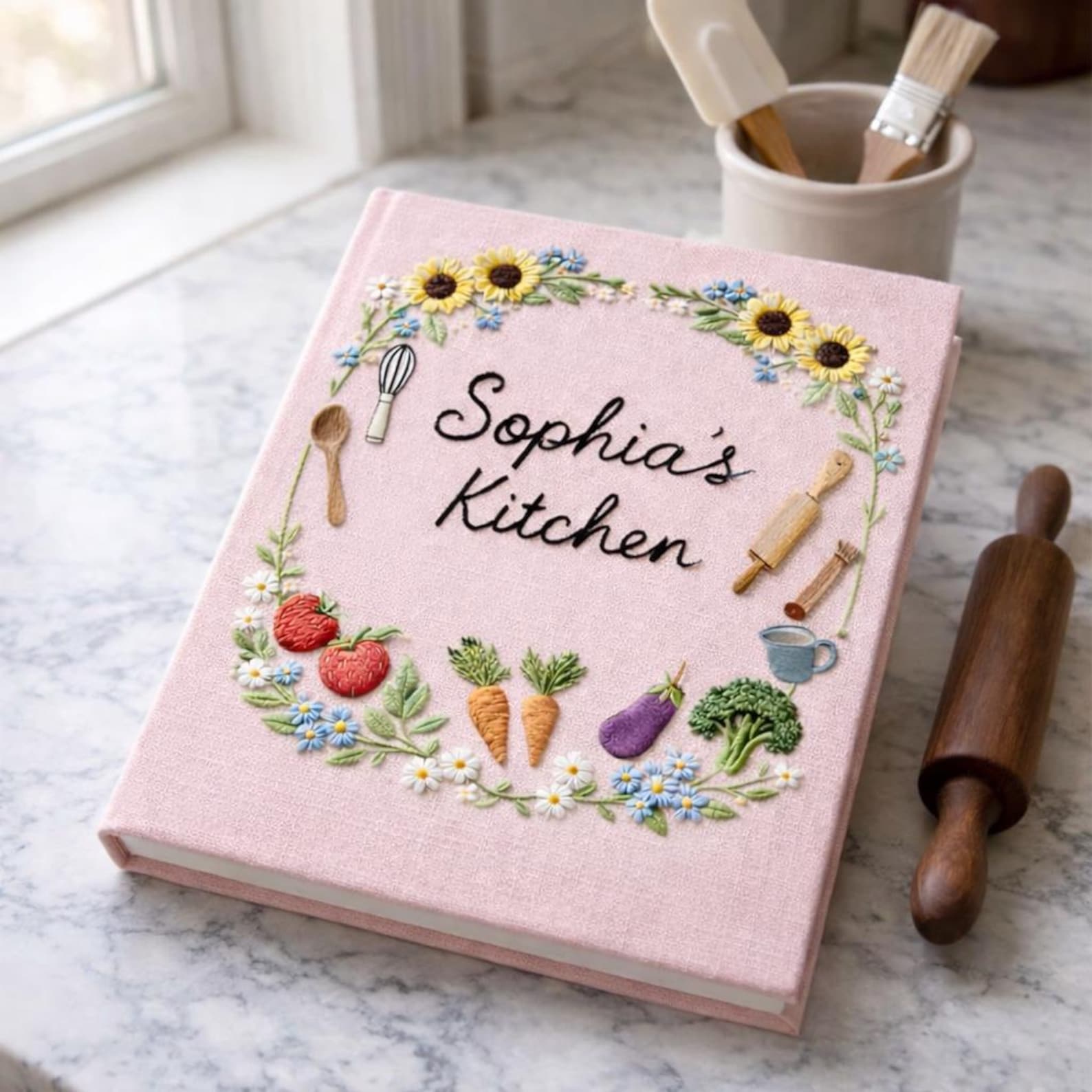 Personalized hand embroidered recipe book featuring sunflowers, strawberries, carrots, broccoli, baking tools and cottage garden floral wreath design on linen cover.