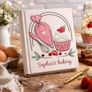 Personalized hand embroidered recipe book featuring a pink piping bag, whisk, strawberry cupcake and bakery-themed embroidery on a linen cover.