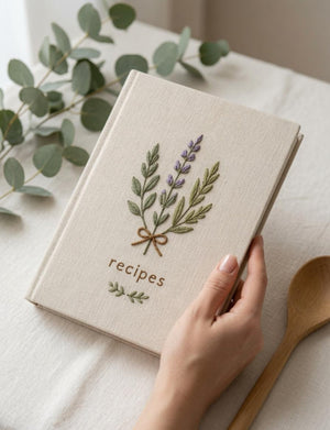 Hand embroidered recipe book featuring lavender herb bouquet embroidery tied with ribbon on linen hardcover cover