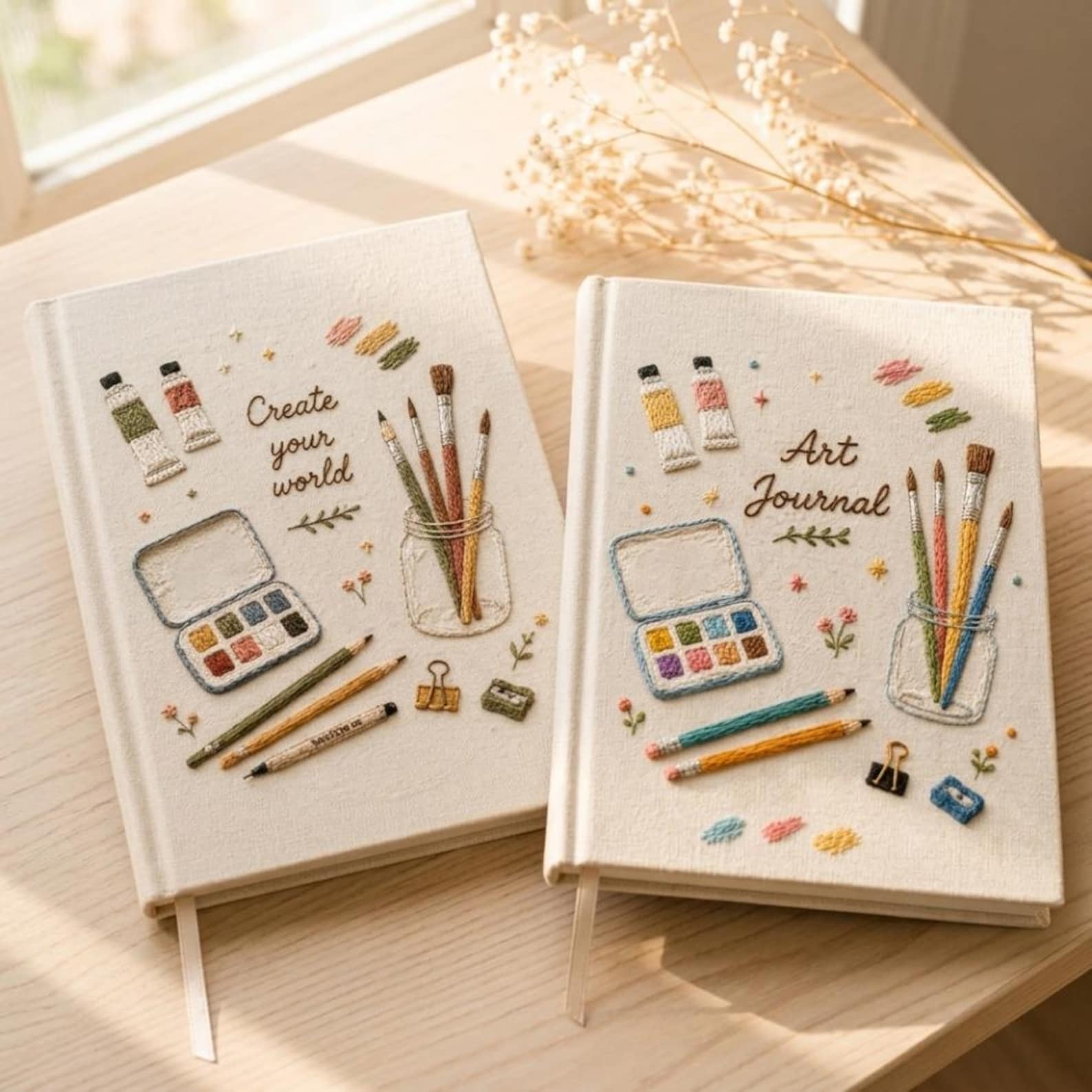 Hand embroidered artist journal featuring paint brushes watercolor palette pencils paint tubes and creative studio supplies on linen cover