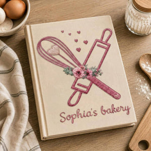 Personalized embroidered floral bakery recipe book handmade linen cookbook, Ver 1