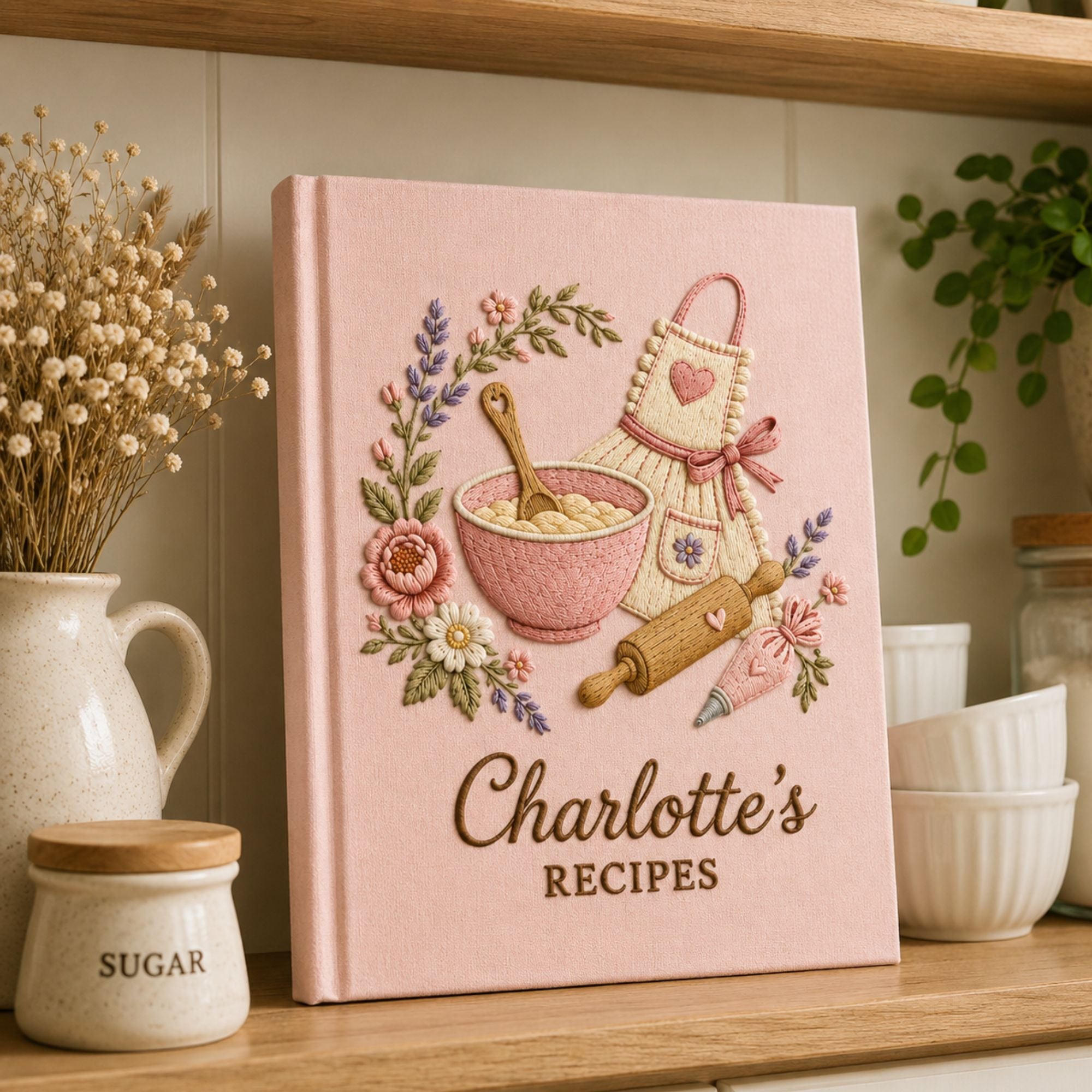 Personalized hand embroidered recipe book featuring a floral apron, mixing bowl, rolling pin, piping bag, lavender flowers and cottagecore baking elements on a linen cover.