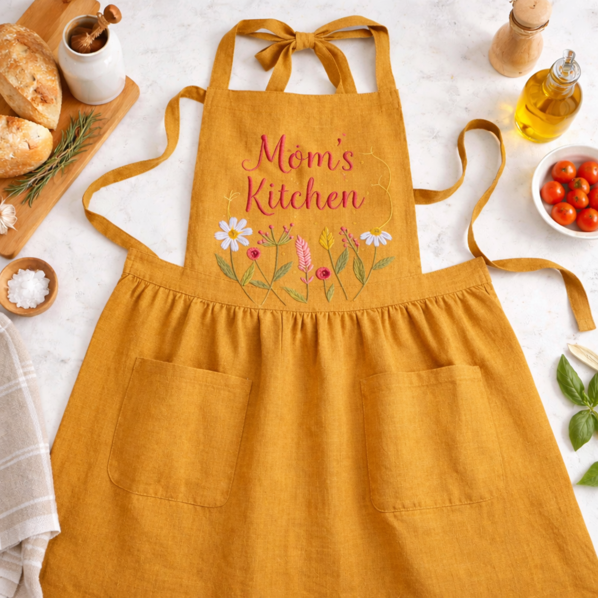Personalized hand embroidered wildflower linen apron featuring custom name embroidery and delicate meadow flower design on a sage green apron.